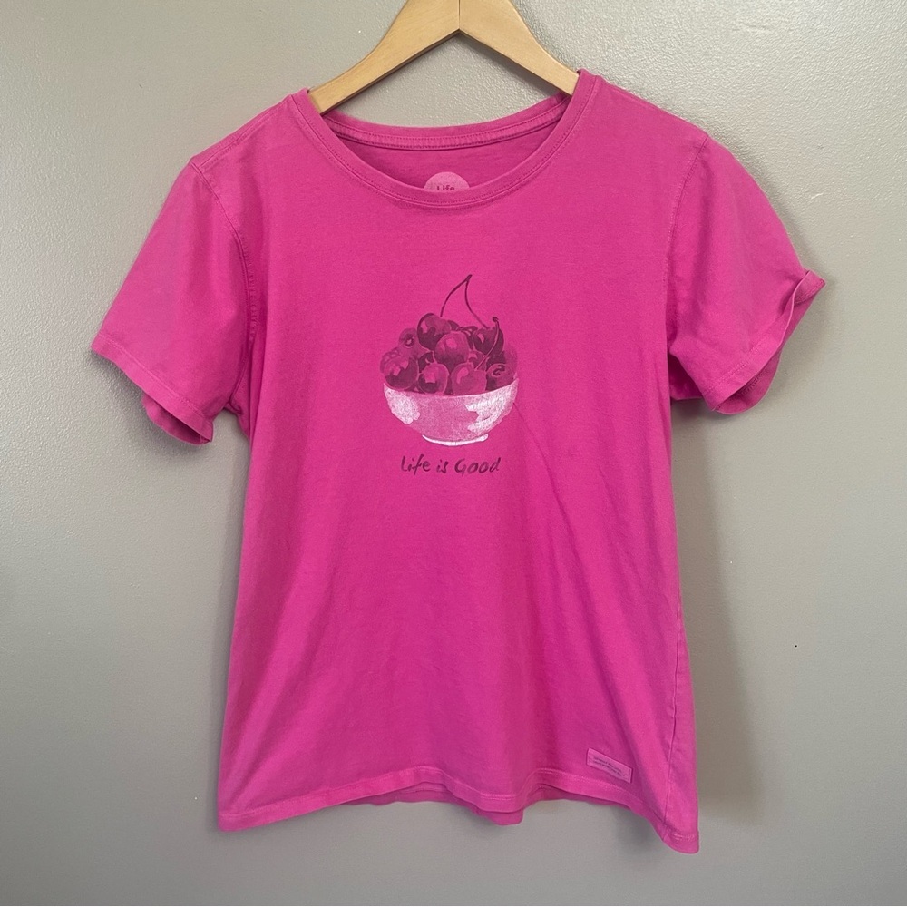 Life is Good Women's Pink Small Short Sleeve Bowl of Cherries Graphic T-Shirt